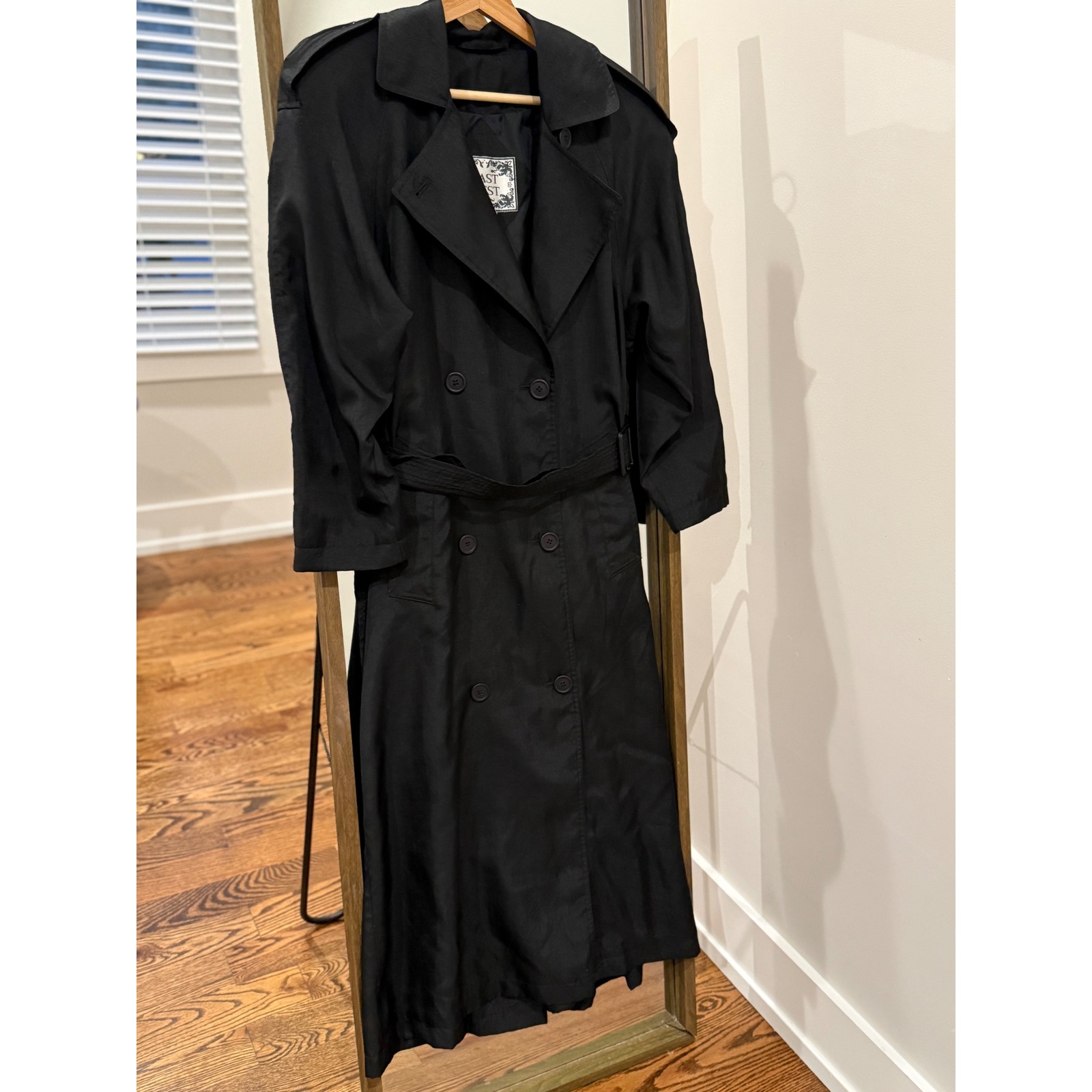Vintage East West Black Double Breasted Belted Maxi Trench Coat Women's Size S